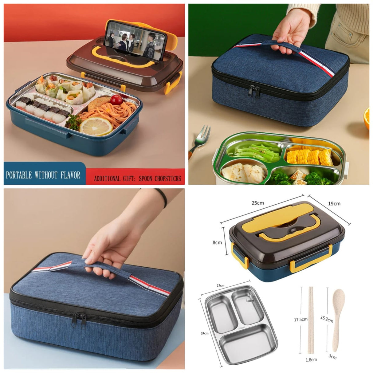 Dish Combo set with 3 Grid Stainless Steel Lunch Box With Spoon and Chopsticks and insulated lunch bag