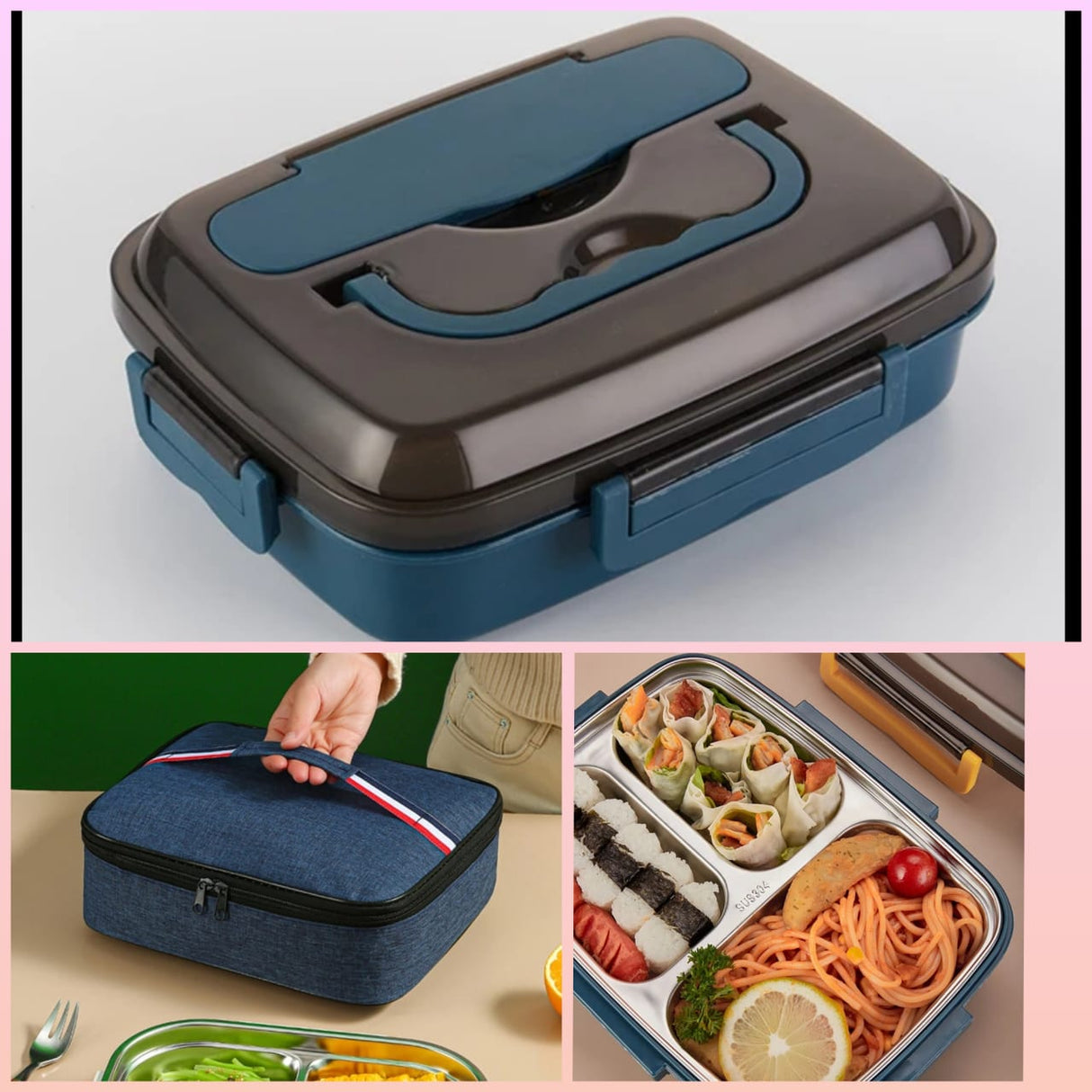 Dish Combo set with 3 Grid Stainless Steel Lunch Box With Spoon and Chopsticks and insulated lunch bag