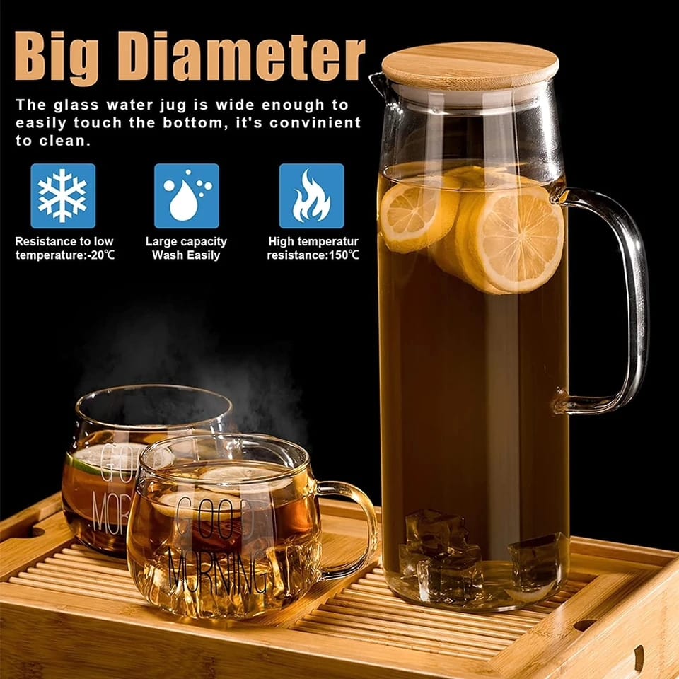Glass Borosilicate Water Pitcher jug with Handle and Bamboo lid