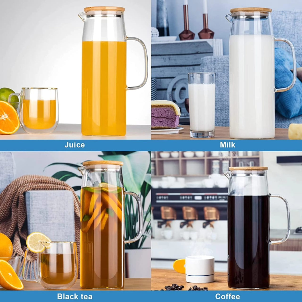 Glass Borosilicate Water Pitcher jug with Handle and Bamboo lid