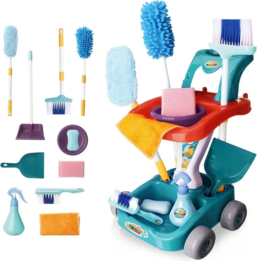 Kids Cleaning Play Set broom with cart, brooms, and mop
