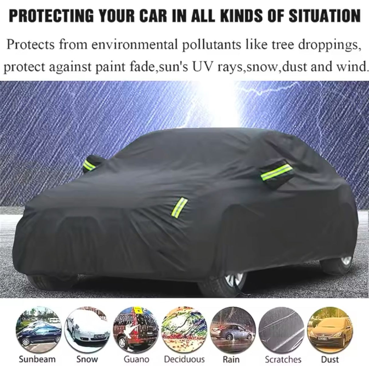 Universal Black Car Cover with fleece on the inside part & Has Reflector on the sides