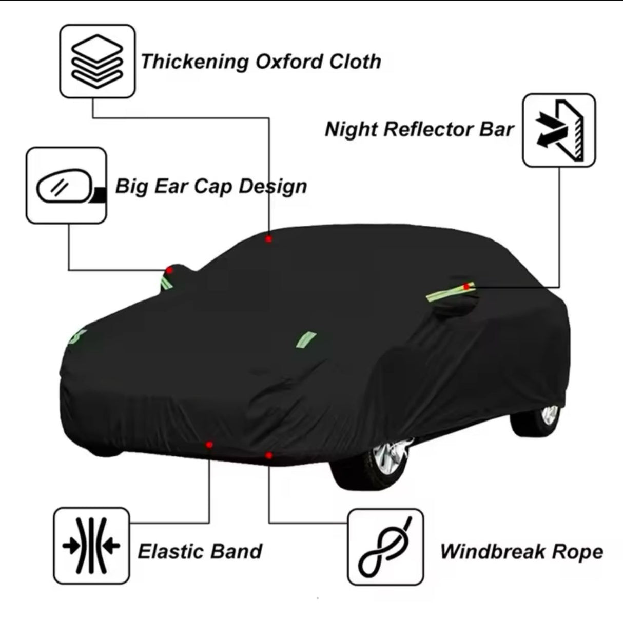 Universal Black Car Cover with fleece on the inside part & Has Reflector on the sides