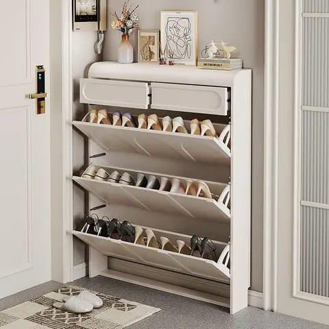 3 Tier Shoe Storage, Shoe Rack Narrow, Hall Shoe Storage Cabinet, Adjustable Partition Wooden Bucket Flip Shoe Cabinet