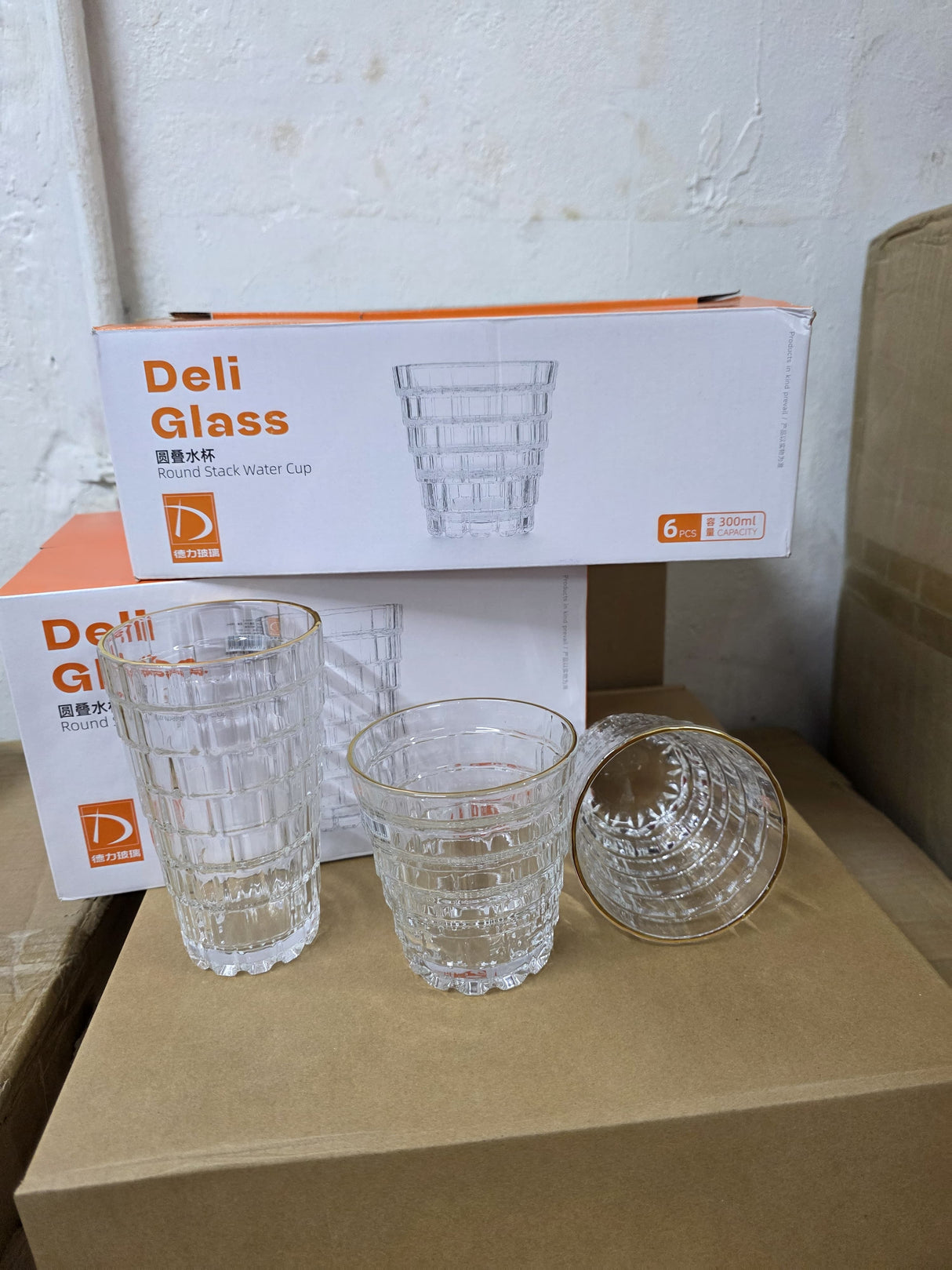 6pcs Set Clear Highball Stackable Water Juice Crystal Glasses Cup With Gold Rim.