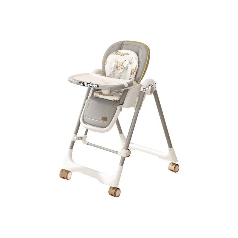 Kids High Feeding Chair, Foldable Swing Chair with Cushion Seat and Detachable Tray, Adjustable Chair with Wheels and Reclining Seat