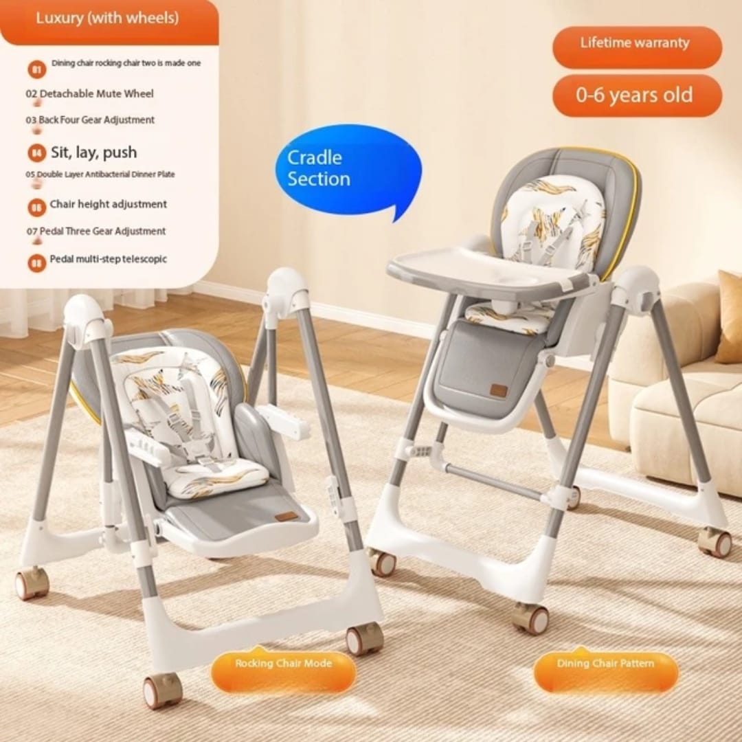 Kids High Feeding Chair, Foldable Swing Chair with Cushion Seat and Detachable Tray, Adjustable Chair with Wheels and Reclining Seat