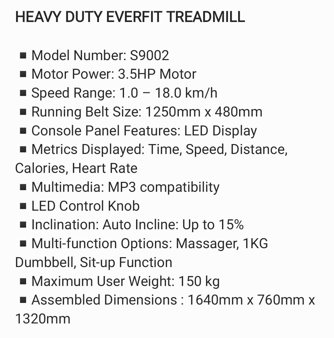 Heavy Duty EVERFIT Treadmill – Model S9002 3.5HP, Auto Incline, Multi-Function