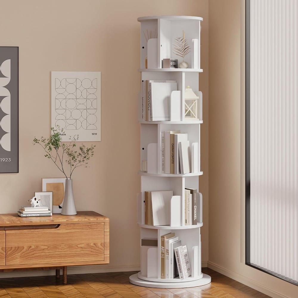 5-Tier 360° Rotating Bookshelf Organizer with Wheels