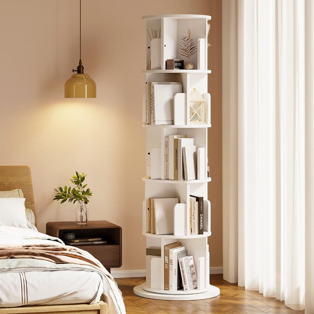5-Tier 360° Rotating Bookshelf Organizer with Wheels