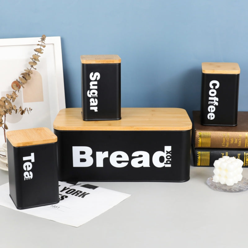 Nordic Bread Bin with 3 Canister Set – Bamboo Lid | White or Black