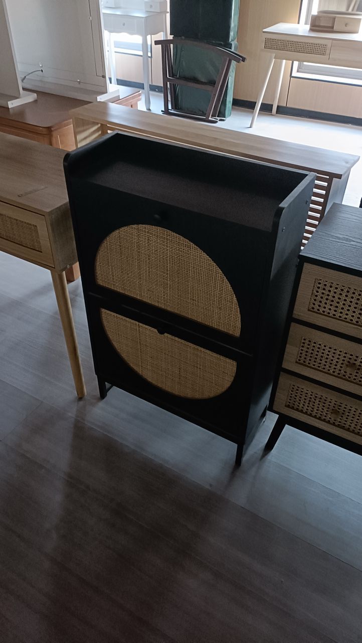Premium Rattan Wooden Flip Shoe Organizer Cabinet rack– Black Finish