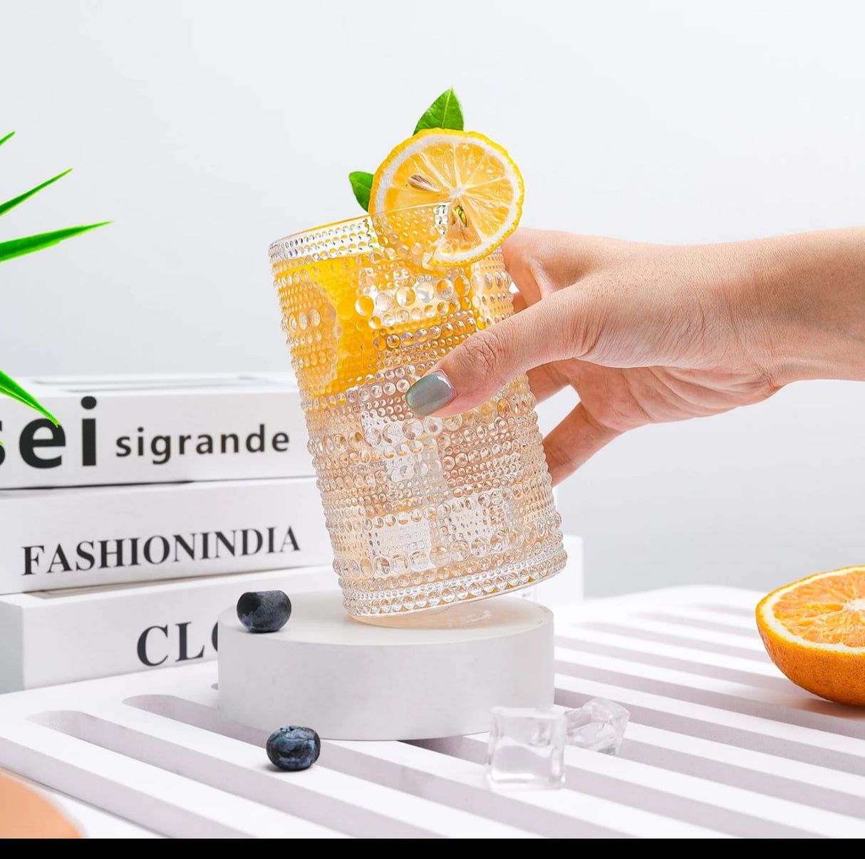 Vintage Embossed Crystal Glass Cocktail Juice Mug 400ml Nordic Beaded Design