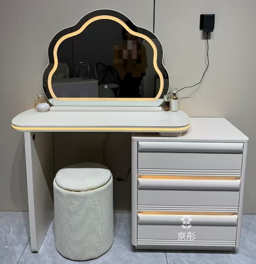 Prismatic Drift Dressing Make up Table Set Vanity Desk with Mirror, Drawer & Poof Chair