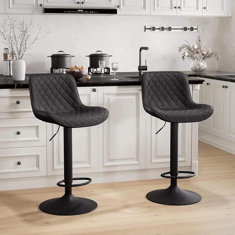 Modern Kitchen Top Stool Adjustable Height and Swivel Padded with Back Rest Black Faux Leather Bar Chair for Bar Island Kitchen Counter