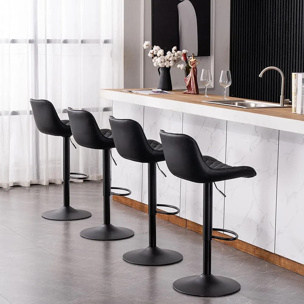 Modern Kitchen Top Stool Adjustable Height and Swivel Padded with Back Rest Black Faux Leather Bar Chair for Bar Island Kitchen Counter