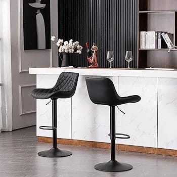Modern Kitchen Top Stool Adjustable Height and Swivel Padded with Back Rest Black Faux Leather Bar Chair for Bar Island Kitchen Counter
