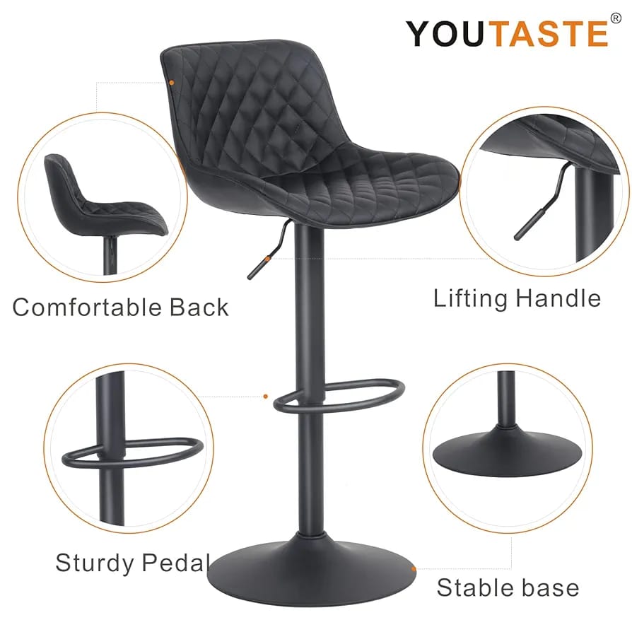 Modern Kitchen Top Stool Adjustable Height and Swivel Padded with Back Rest Black Faux Leather Bar Chair for Bar Island Kitchen Counter