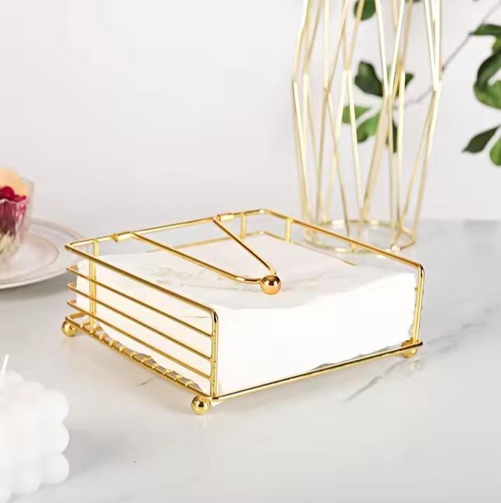 Gold Modern Napkin Holder for Table with Weighted Arm, Square Metal Flat Napkin Holder
