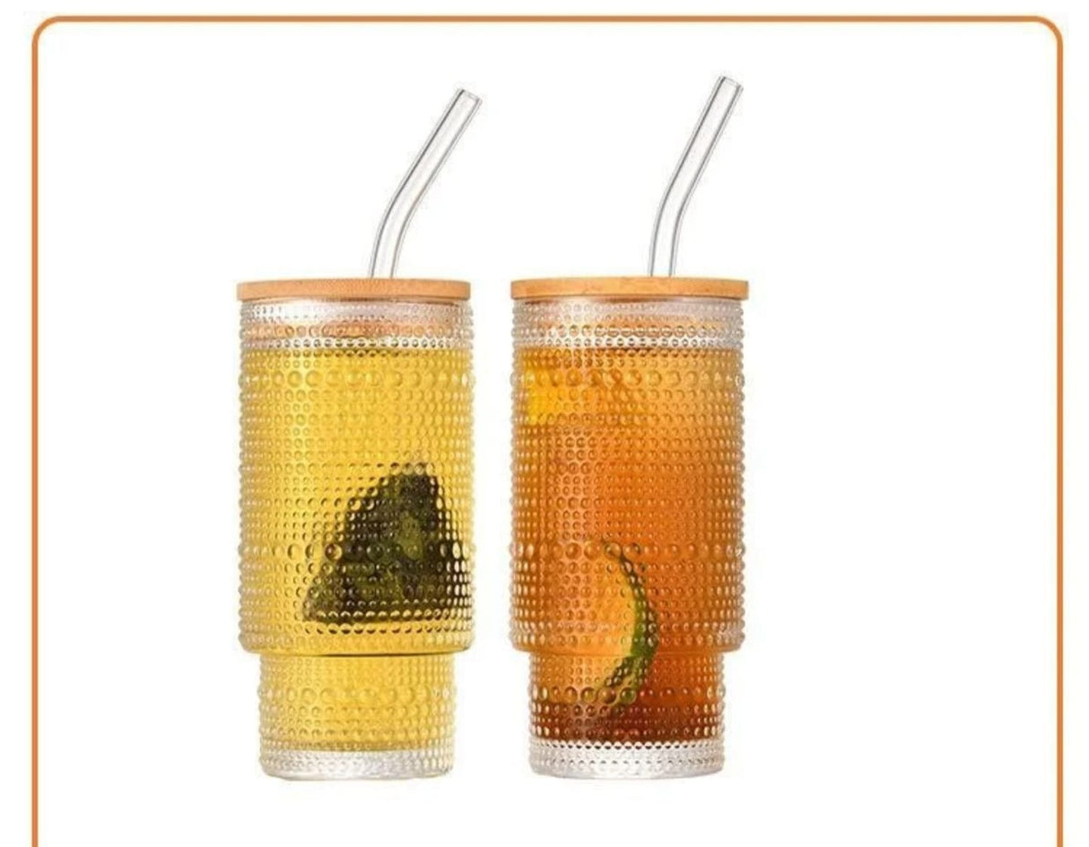 Set of 4 Ribbed Juice Glasses with Bamboo Lids & Straws – 330ml Crystal Drinking Cups