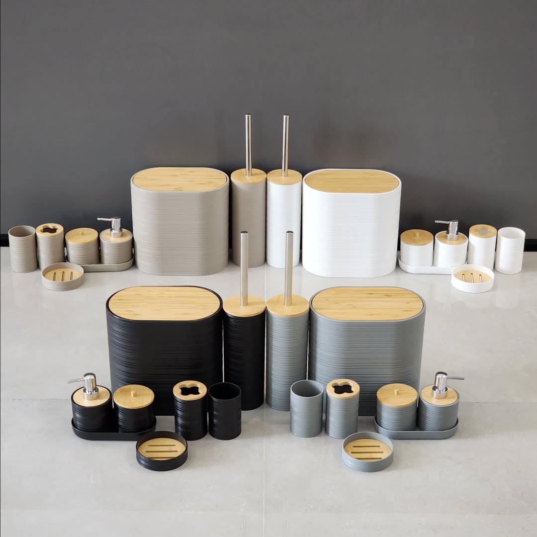 8-Piece Luxury Bamboo Plastic Bathroom Accessories Set Trash Can, Soap Dispenser, Toothbrush Holder & More