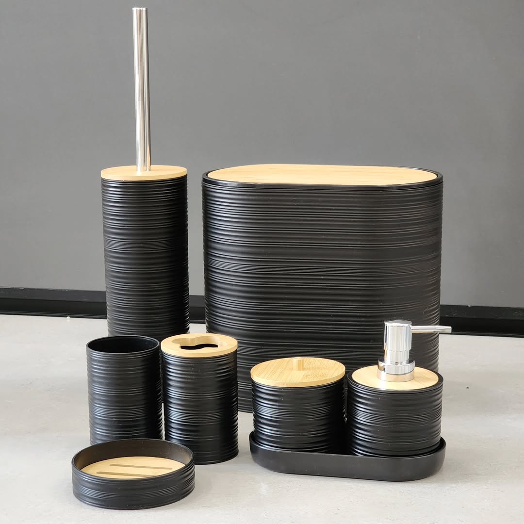 8-Piece Luxury Bamboo Plastic Bathroom Accessories Set Trash Can, Soap Dispenser, Toothbrush Holder & More