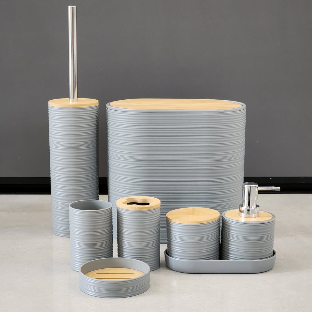 8-Piece Luxury Bamboo Plastic Bathroom Accessories Set Trash Can, Soap Dispenser, Toothbrush Holder & More