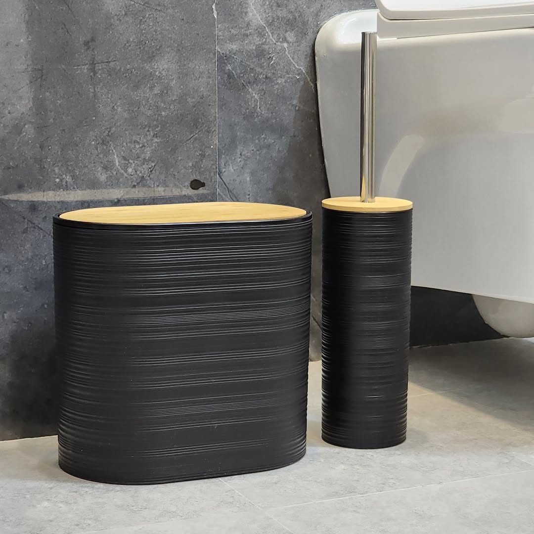 8-Piece Luxury Bamboo Plastic Bathroom Accessories Set Trash Can, Soap Dispenser, Toothbrush Holder & More