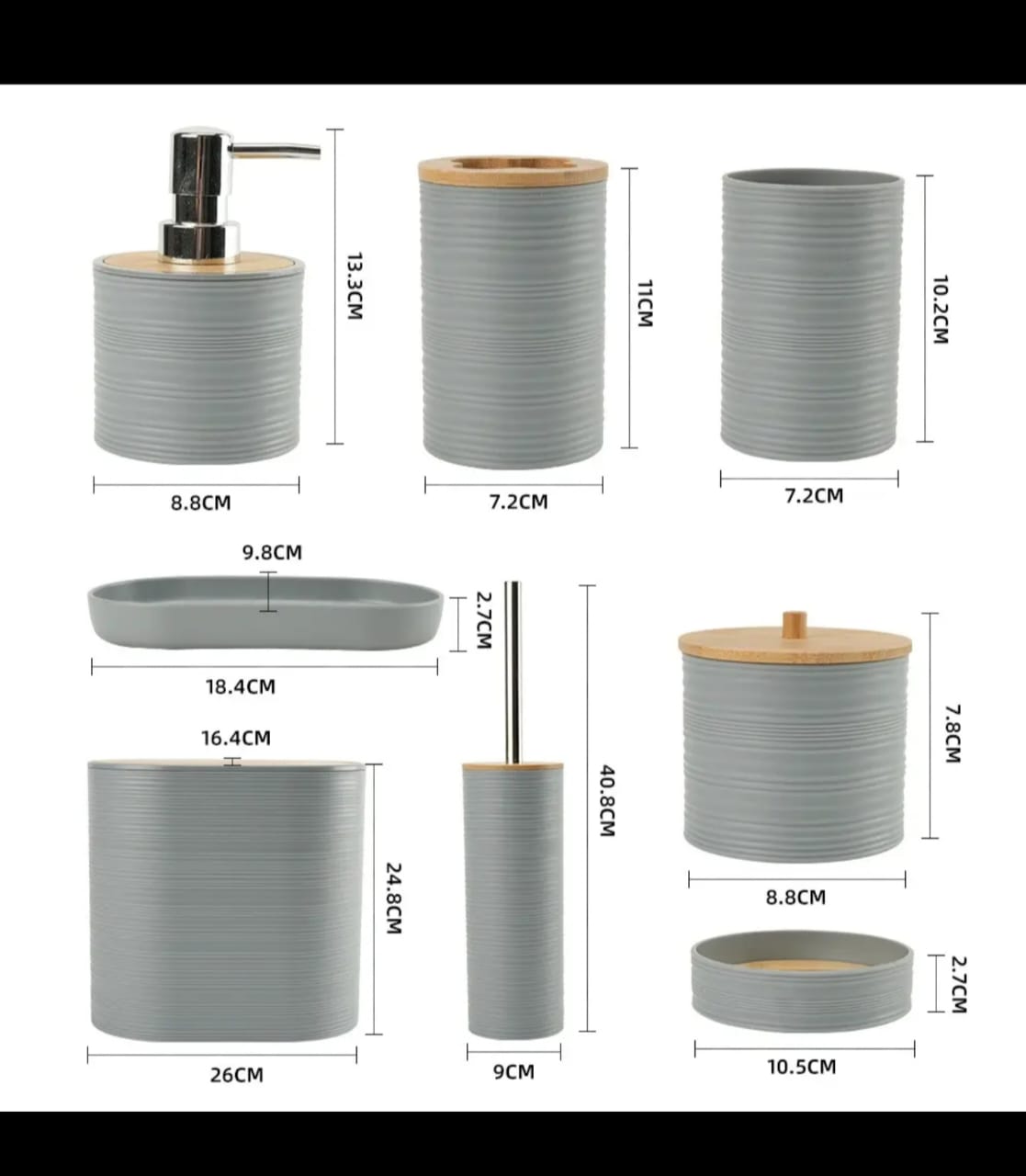 8-Piece Luxury Bamboo Plastic Bathroom Accessories Set Trash Can, Soap Dispenser, Toothbrush Holder & More