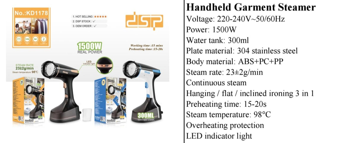 DSP 1500W Handheld Garment Steamer – Portable Clothes Steamer for Fast Wrinkle Removal (300ml Water Tank)