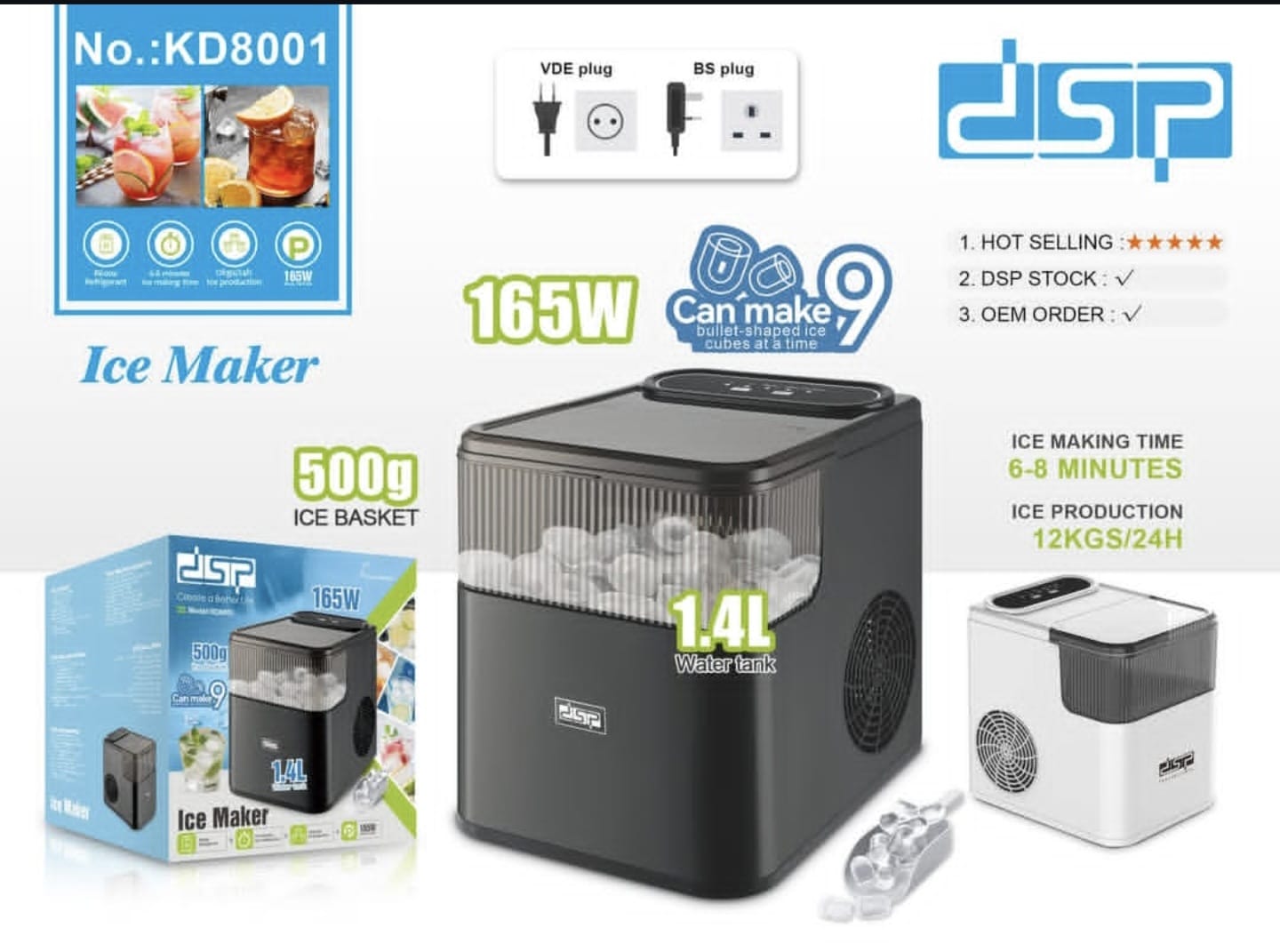 DSP Ice Maker Machine – 12kg/24h Automatic Countertop Ice Maker with 1.4L Tank & 500g Basket – Fast 6-8 Min Ice Cubes for Home, Office & Parties