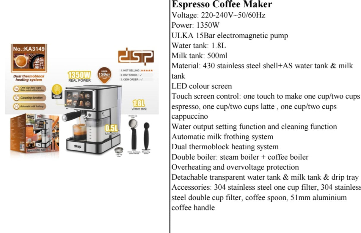 DSP Espresso Coffee Maker Machine – 1350W, 15 Bar Pump, 1.8L Water Tank, Milk Frother | Coffee Machine Kenya