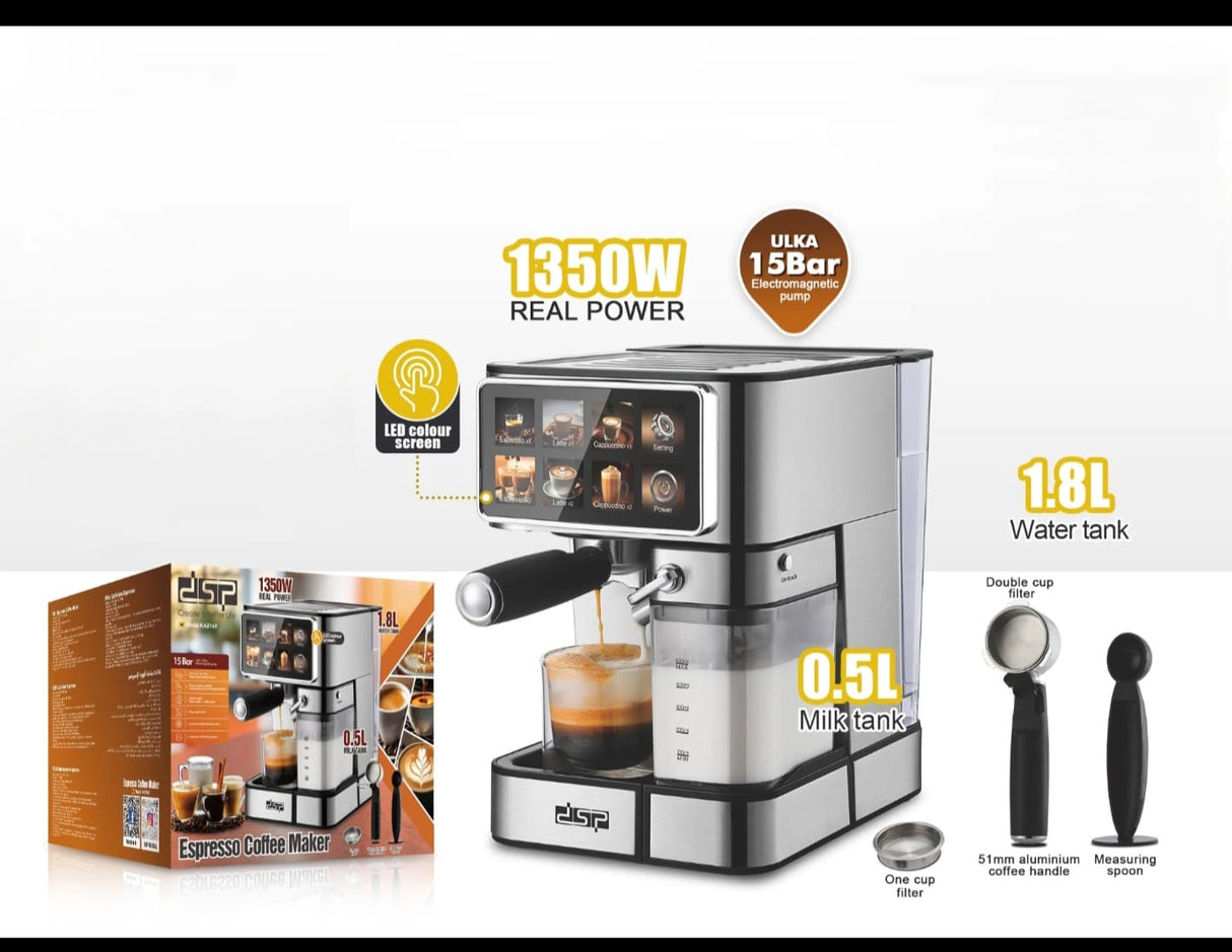 DSP Espresso Coffee Maker Machine – 1350W, 15 Bar Pump, 1.8L Water Tank, Milk Frother | Coffee Machine Kenya