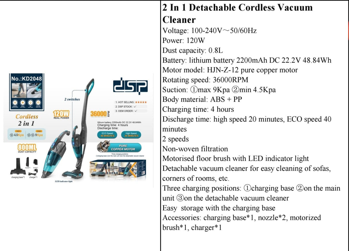 DSP 2 in 1 Cordless Vacuum Cleaner – Detachable Handheld Vacuum for Home & Car, 120W, 800ml Dust Tank