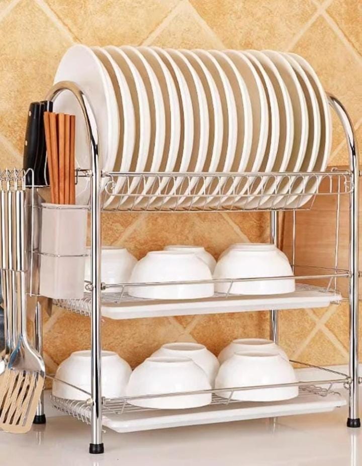 3-Tier Aluminium Kitchen Dish Drying Rack Large Capacity Plate & Utensil Organizer