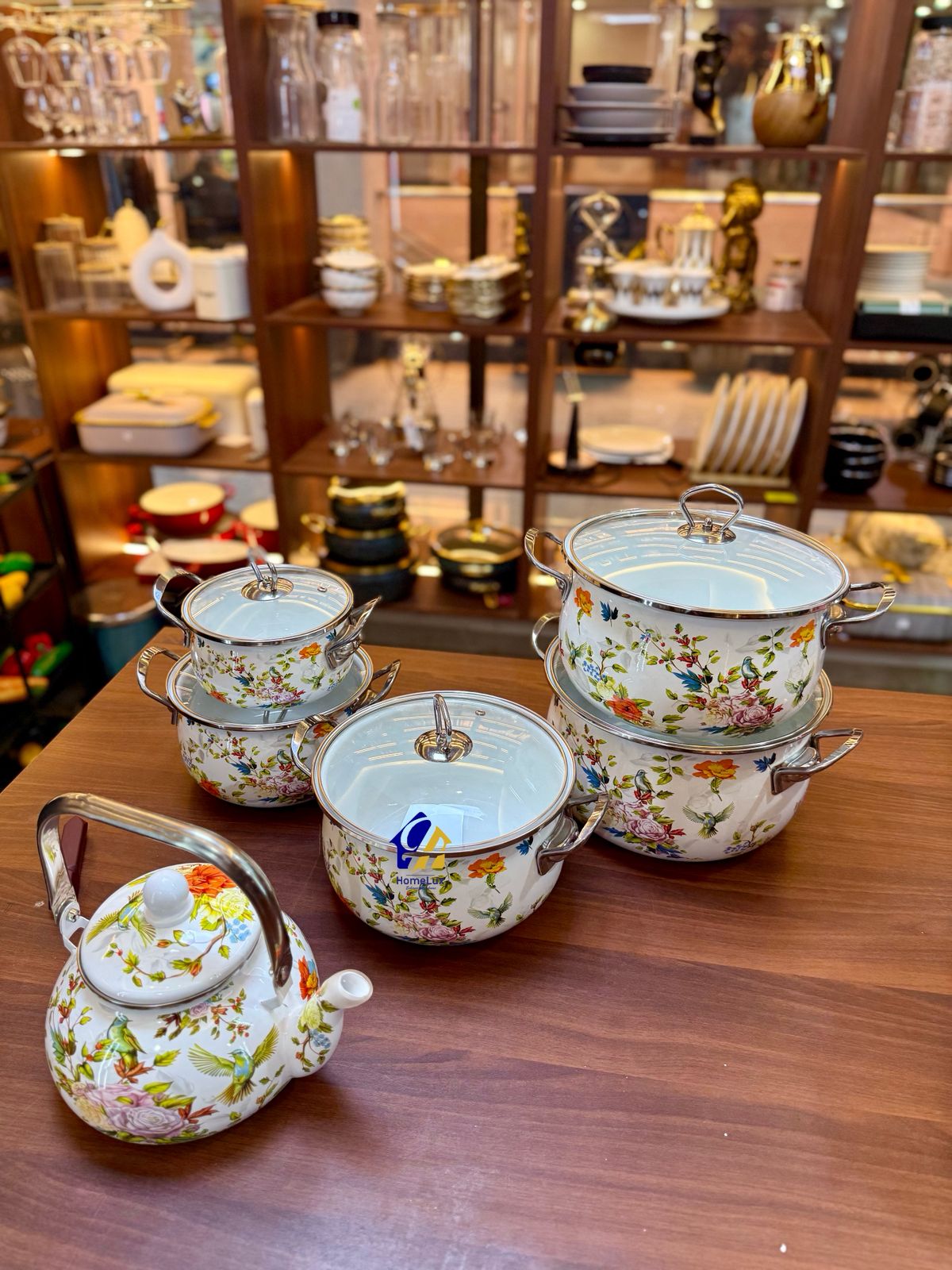 Signature Original Enamel Cookware Set with Kettle –Retro Floral Design, 6 Pieces