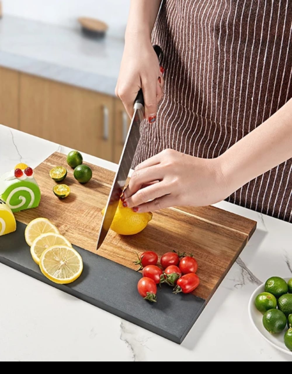 Rectangular Acacia Wood Cutting Board with Natural Marble Inlay Double-Sided Serving & Chopping Board