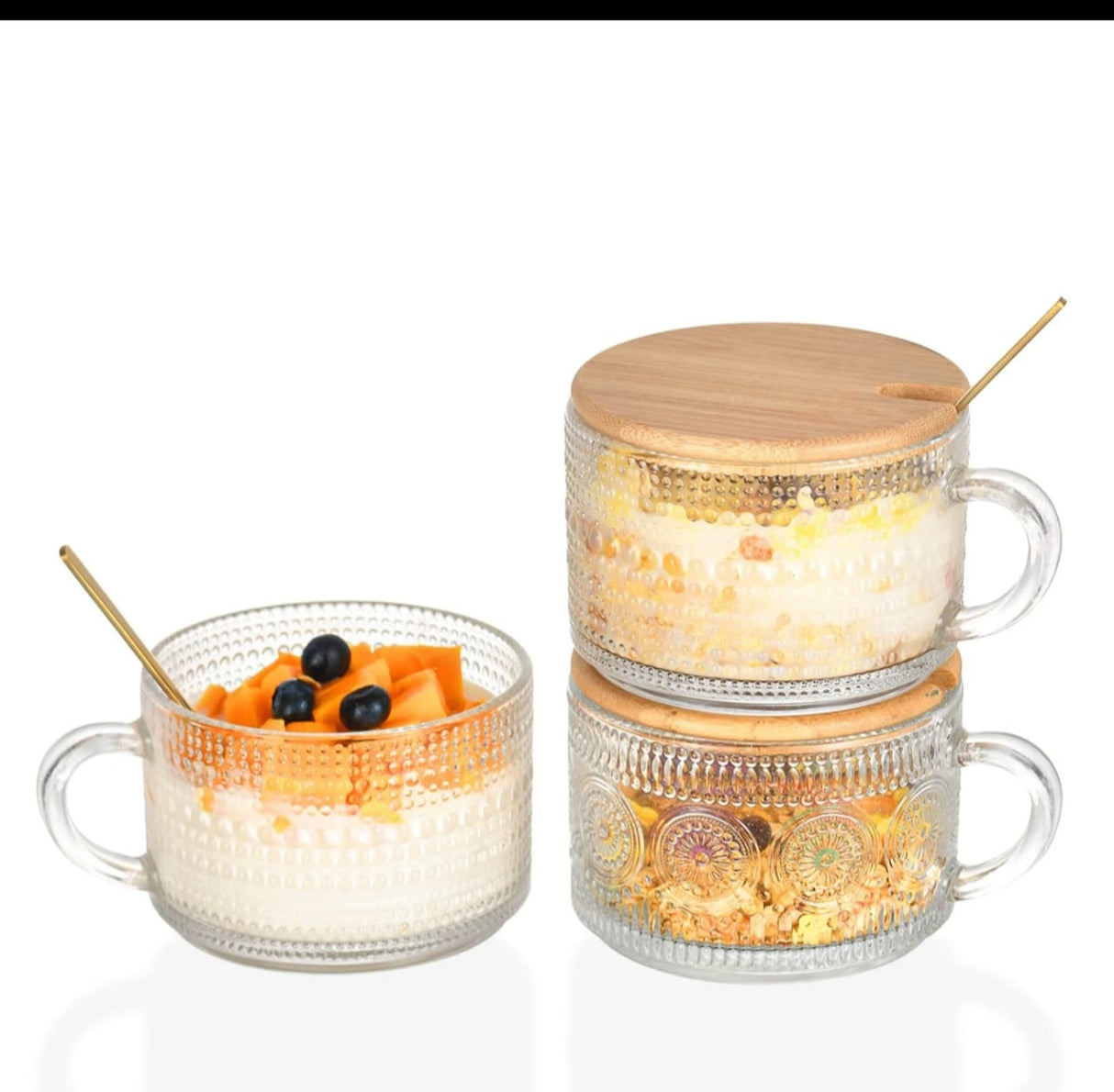 Vintage Clear Glass Coffee Mugs Set of 4 – 400ml Embossed Cups with Bamboo Lids & Metal Spoons for Coffee, Tea & Oatmeal