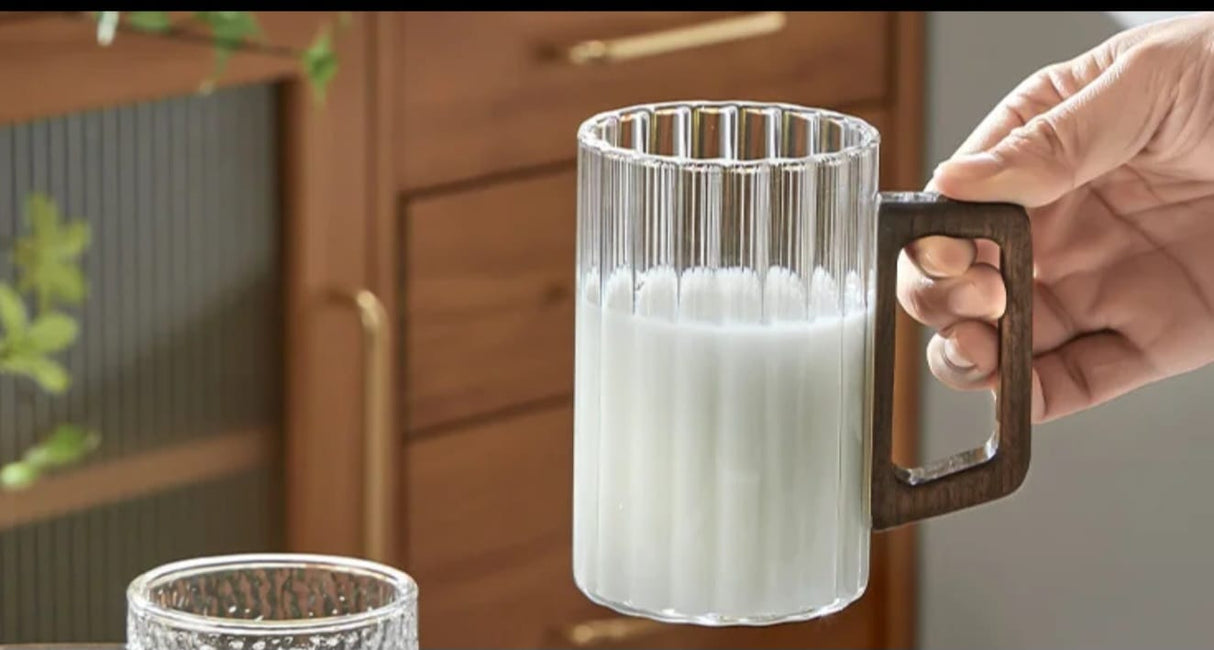 Borosilicate Glass Mug (300ml) Tea & Coffee Cup with Wooden Handle
