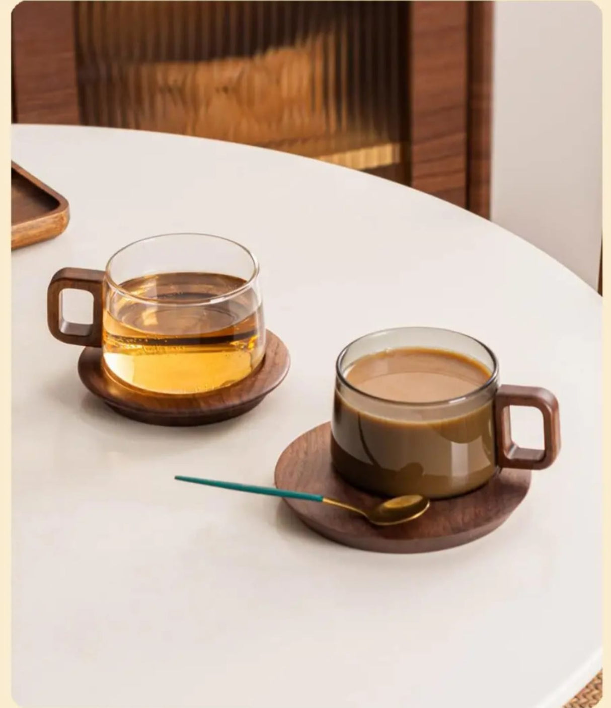 Retro Glass Tea & Coffee Cup with Wooden Handle & Saucer (250ml)