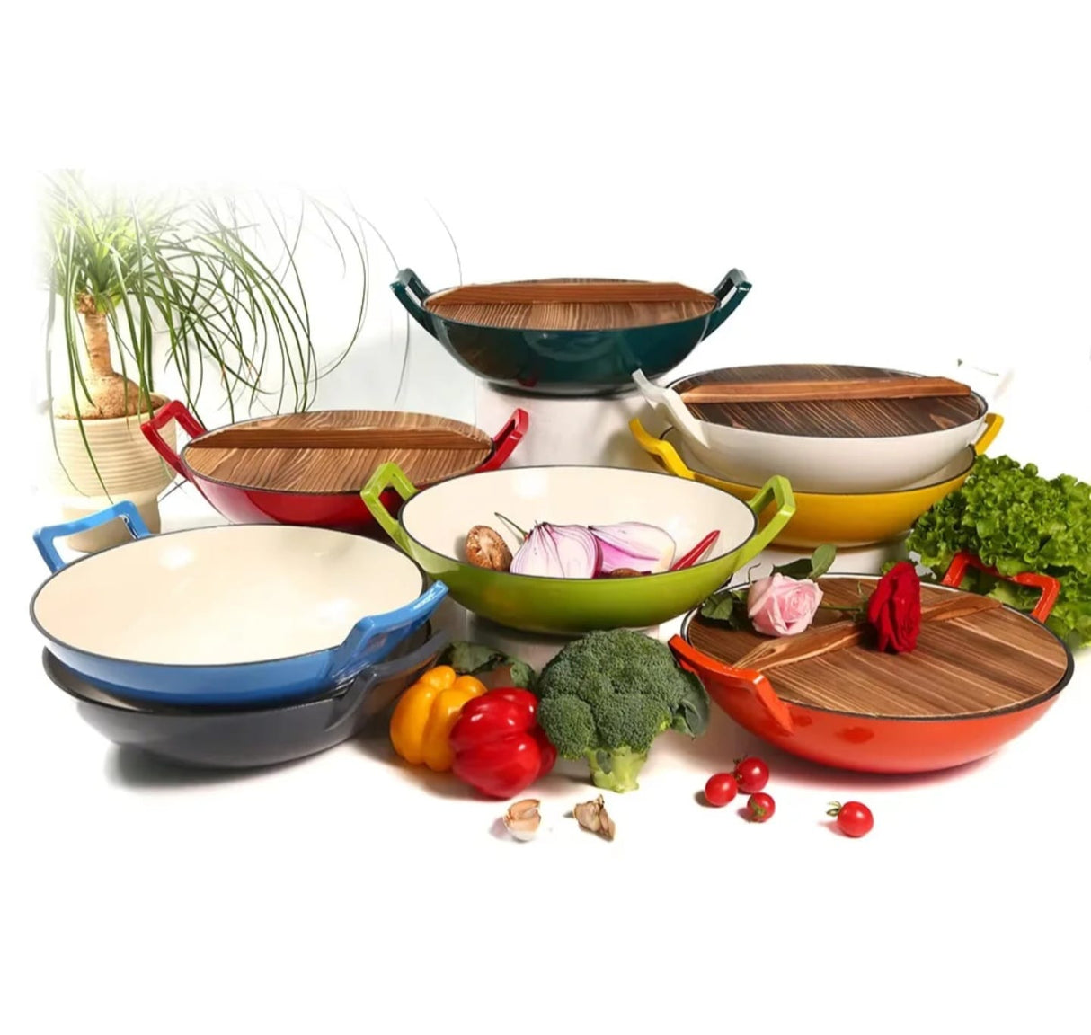 36cm Non Stick Enameled Cast Iron Wok Pan with Wooden Lid for Stir Frying Deep Frying Steaming
