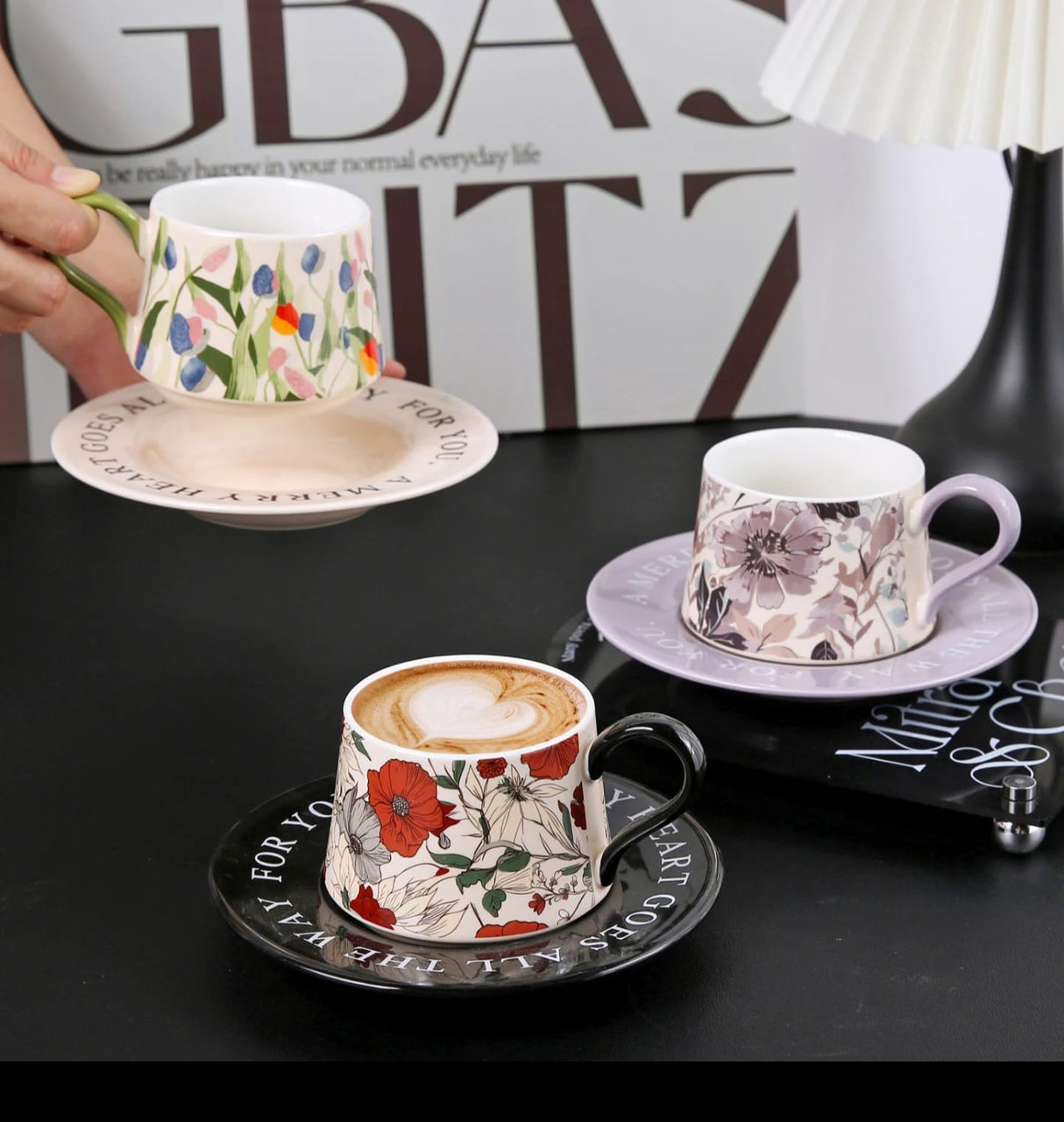Hand Printed Peony Ceramic Coffee Cup with Saucer 300ml Gift Box