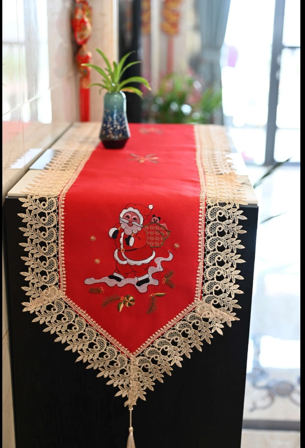Christmas Flowers Table Runner 16x71 Inch Christmas Theme Table Runner with Lace Edge for Home Holiday Kitchen Dining Table Decor