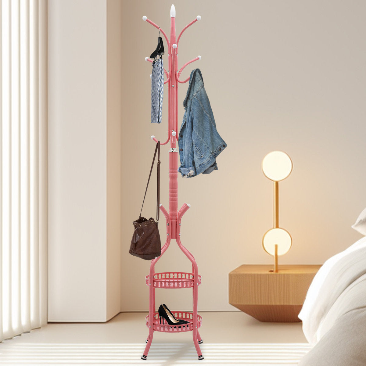 Free-Standing Metal Coat Rack with Storage Tray