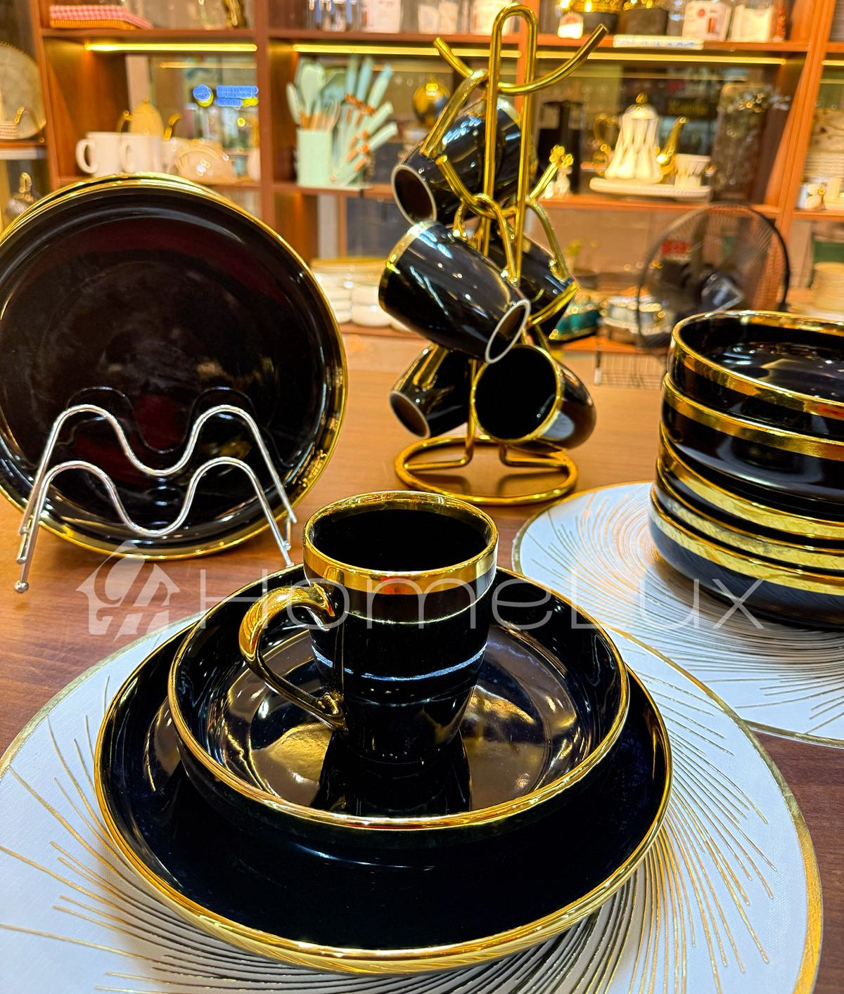 24pcs Black Dinner Set with Gold Rim (Porcelain)