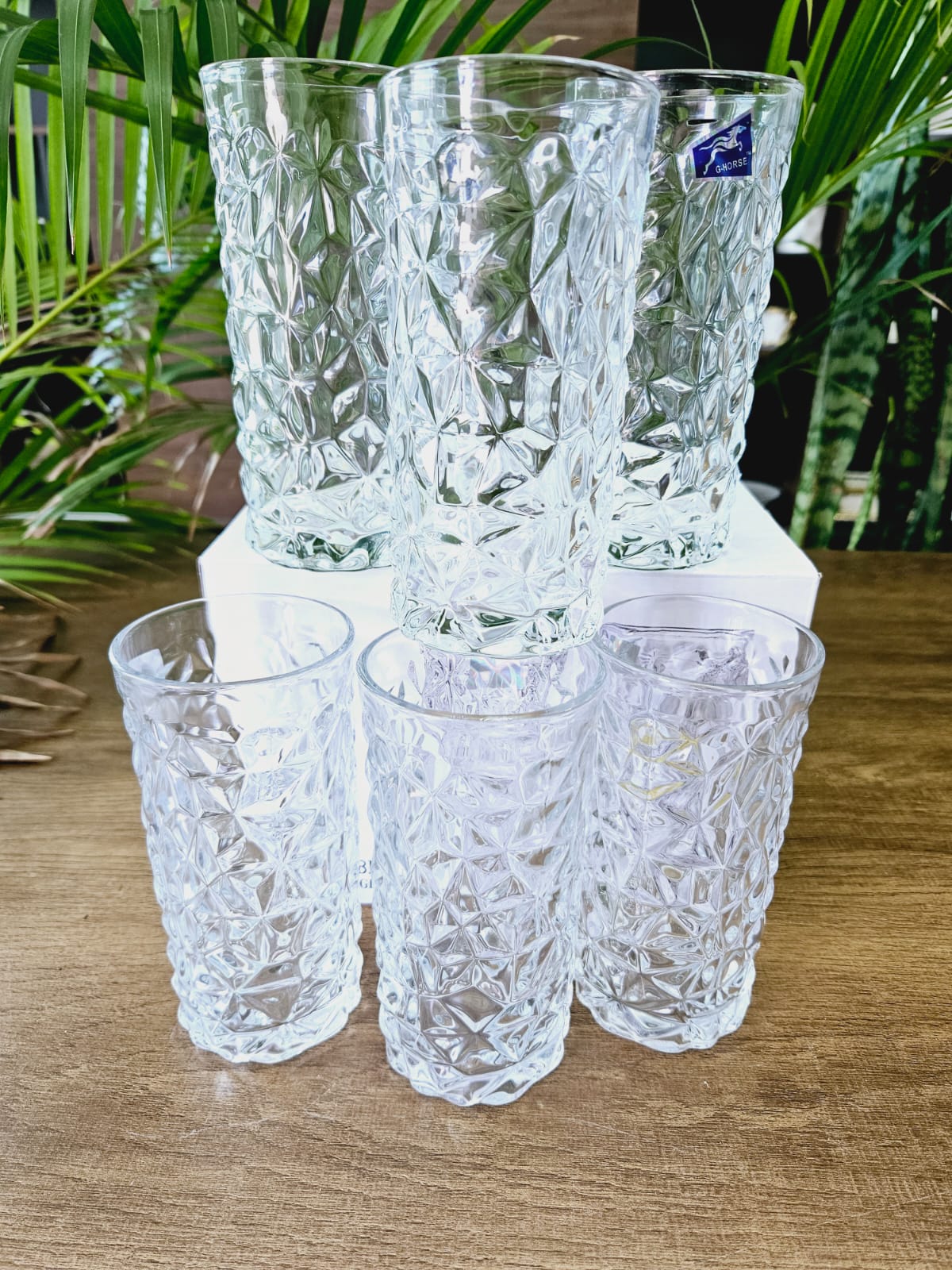 Diamond Crystal Gold Long Glasses Set of 6 – 350ml Water & Juice Glass Set