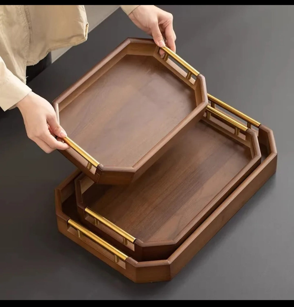 Bamboo Serving Tray Set of 3 – Rectangular with Metal Handles