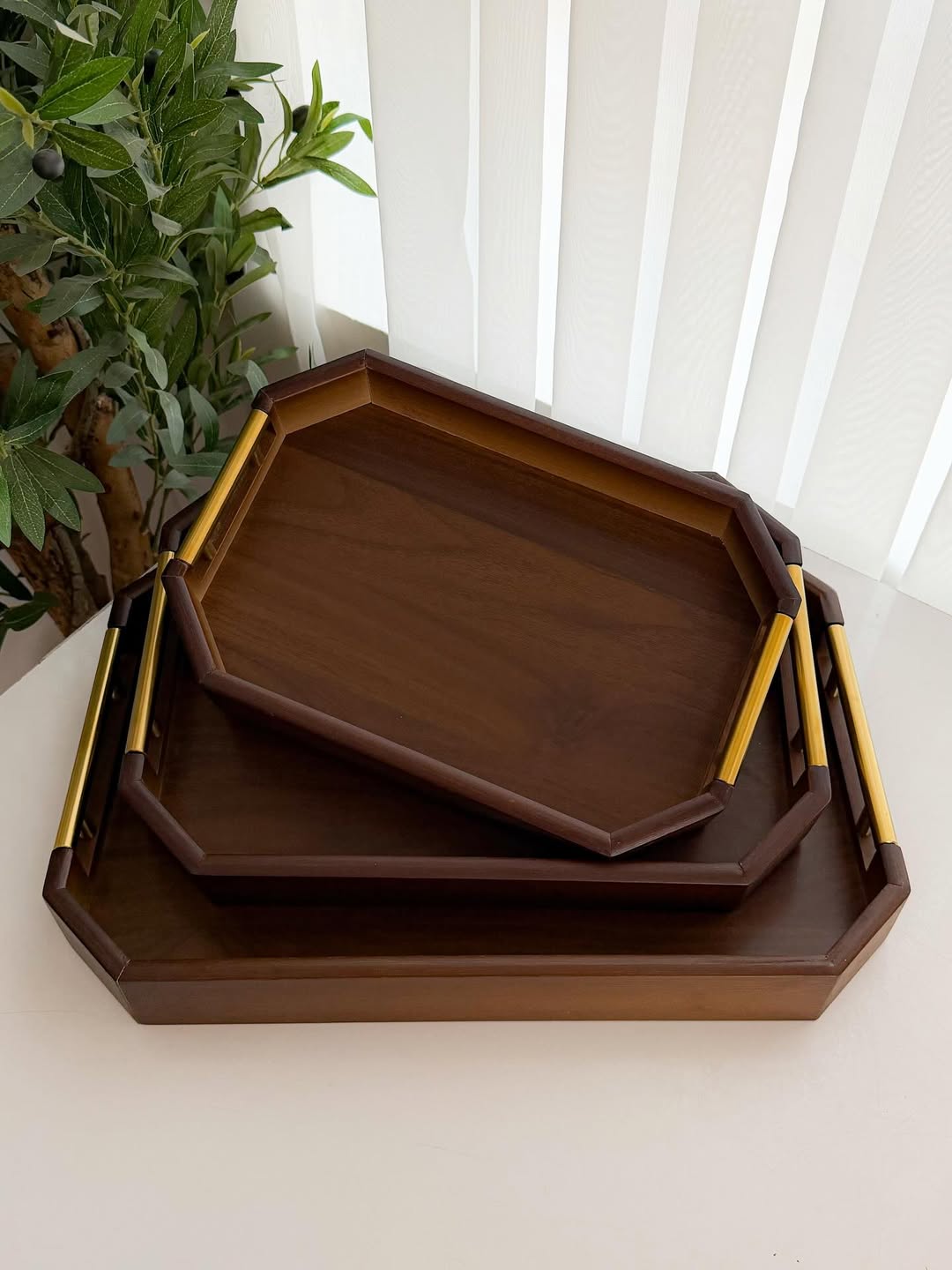 Bamboo Serving Tray Set of 3 – Rectangular with Metal Handles