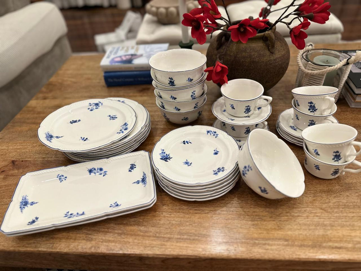 32-Piece White Floral Ceramic Dinner Set | Complete Dining Set with Cups, Saucers, Bowls & Platters