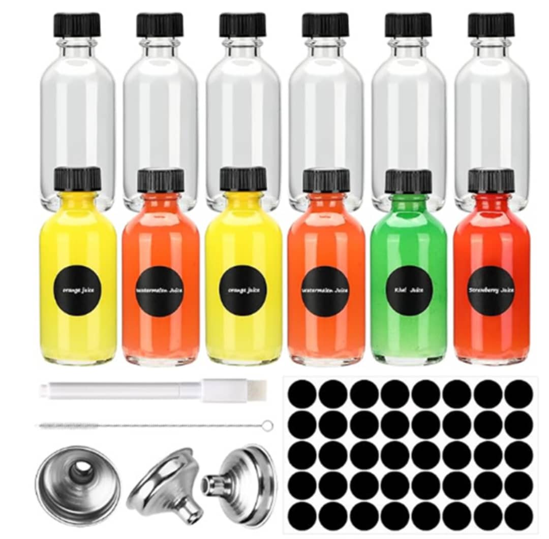 Ginger Shot Glass Bottles Set of 12 โ 60ml Leak-Proof Wellness & Immunity Shot Bottles with Funnels, Labels, Pen & Brush